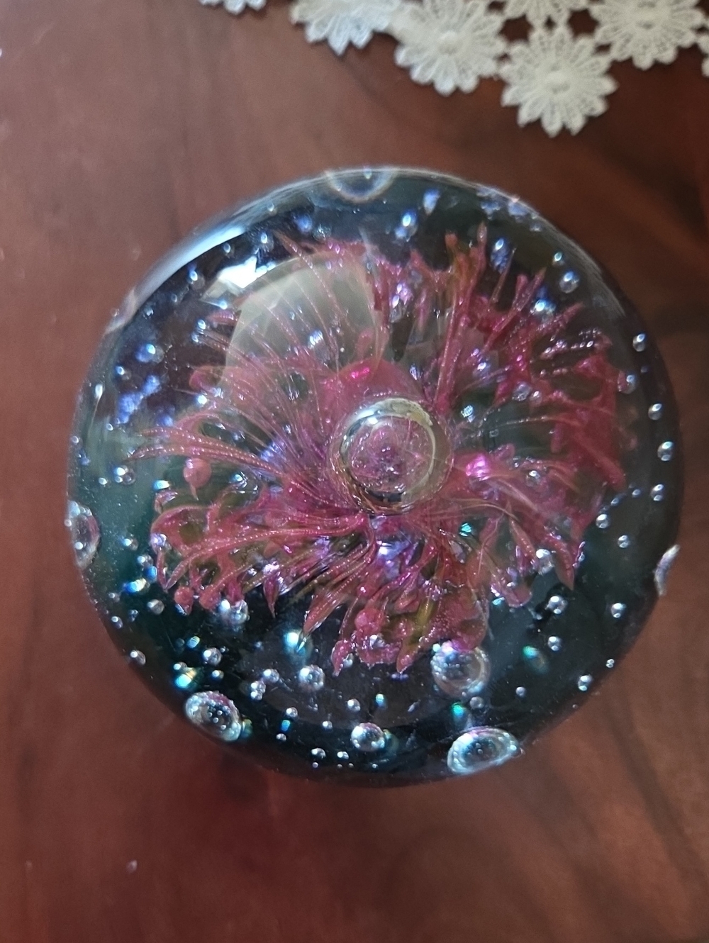 Vintage Glass Art Sphere with Pink Floral Core